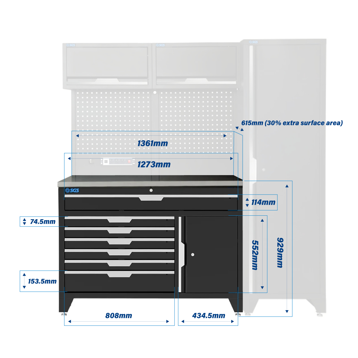 SGS 7pc Modular Garage Storage | Deeper Stainless Steel Double Worktop | 7 Drawers | 3x Lift‑Up Wall Cabinets | Deep Tall Single Cabinet | Pegboard with Power Strip